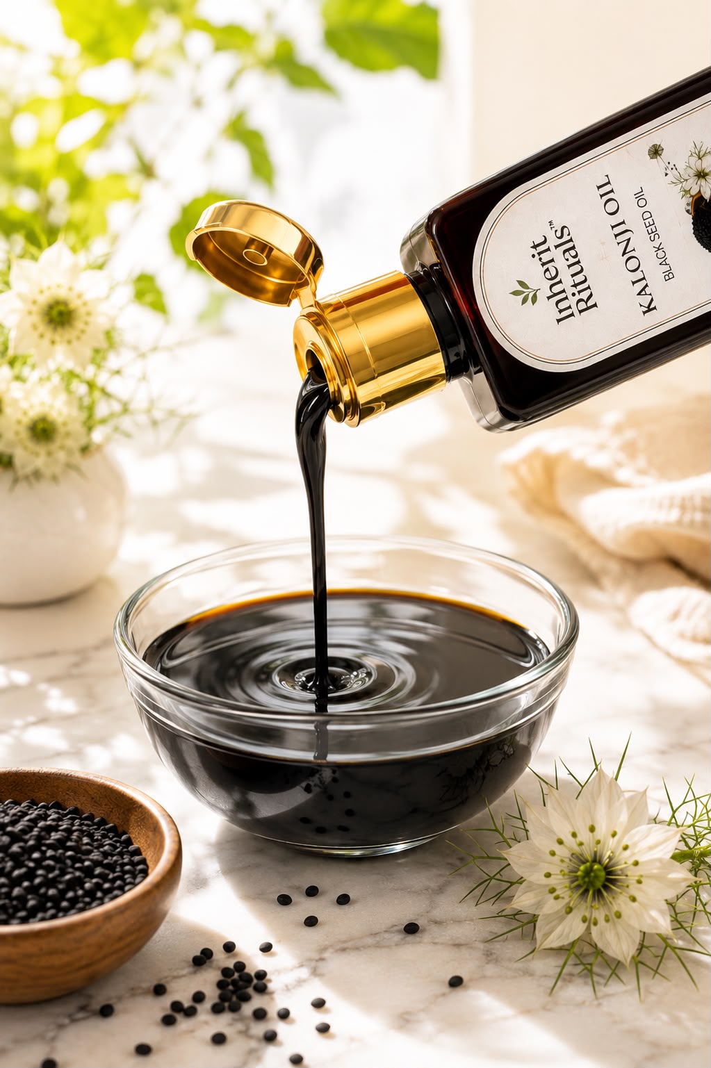 A bottle of Kalonji Oil is shown pouring a thick, dark black liquid into a clear glass bowl. The scene is styled with a small wooden bowl of black seeds, scattered peppercorns, and white flowers on a light marble surface.